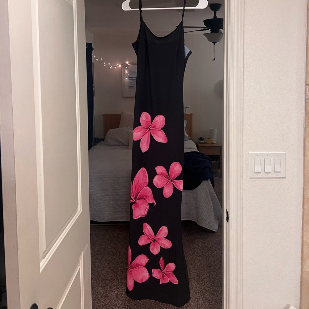 Elegant Black Dress with Pink Floral Design